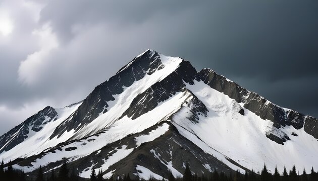 Majestic snow-capped mountain peak under dramatic stormy grey clouds - Powered by Adobe