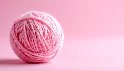 Pink wool yarn ball on pastel pink background, natural fibers, cozy handmade knitting concept
