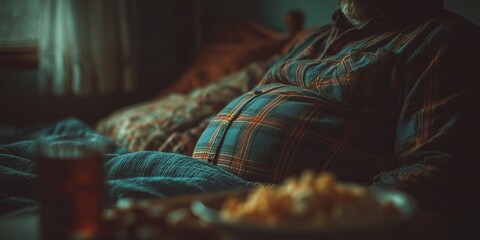 A person, fat man with big belly  lounges under blankets, snacks and soda nearby cozy, indulgent, and relatable. Lazy comfort wrapped in warm, dim-lit stillness.