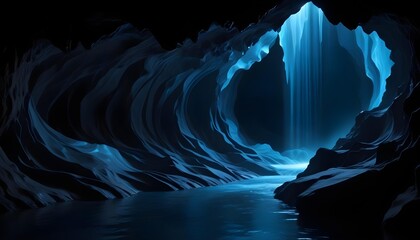 Mysterious blue cave with flowing water and ethereal light beams from above