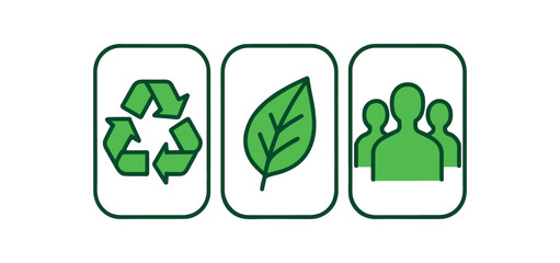 Flat vector illustration of eco campaign posters: recycling symbol leaf and people silhouettes rounded shapes clean outline clean white background