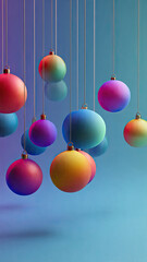 Colorful gradient Christmas ornaments hanging on vibrant blue background, modern festive vertical design