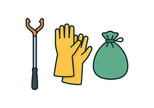 Flat vector illustration of cleanup tools: grabber gloves and reusable sack rounded shapes clean outline clean white background