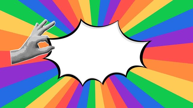 A white text bubble on a background of rotating rainbow stripes in the style of the LGBTQ+ pride flag. Simple, flat, looped animation for social media, presentations, and community support content.