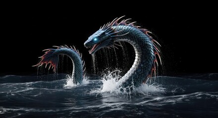 Mythical Sea Serpent Emerges from Dark Waters Amidst Splashing Waves