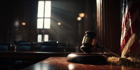 Gavel on wooden table in courtroom with US flag, bathed in sun rays from the window. Concept for justice system, legal representation and law enforcement
