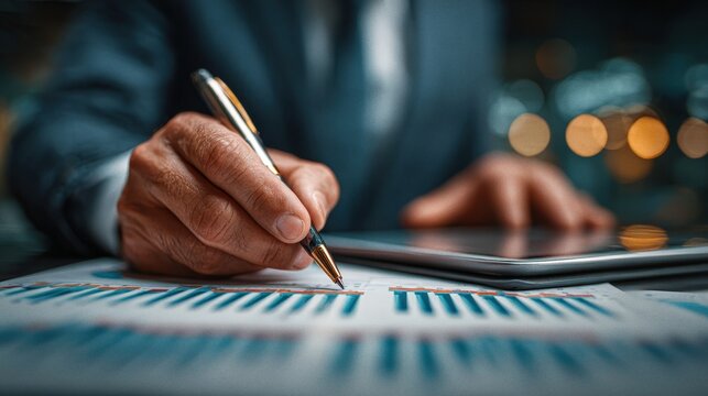 Business professional analyzing financial data using tablet technology in a modern office setting during working hours - Powered by Adobe