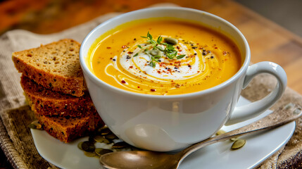 A white cup of creamy orange soup with a dollop of sour cream and a sprig of herbs accompanied by a slice of bread and a spoon on a wooden table