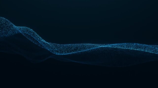 Abstract background of particle wave on dark blue background. Duration 60 sec. Maximum resolution 4K. 3D rendering.