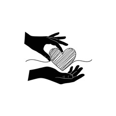 Black silhouette graphic of one hand gently giving a sketched heart to another open hand, symbolizing compassion.