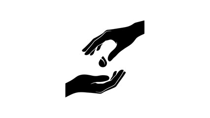 A black and white silhouette of one hand dropping a tear-shaped droplet into another cupped hand, symbolizing giving and receiving.