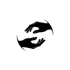Two black silhouette hands facing each other in a circular, balanced design, symbolizing connection, care, or interaction.
