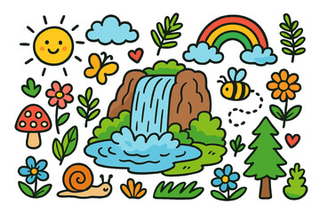 Nature and outdoor flat icon set. featuring sun, cloud, rainbow, waterfall, tree, and flower symbols
