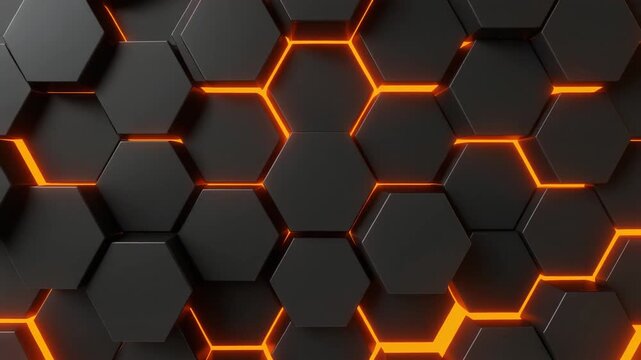  Abstract dark hexagon pattern on orange neon background technology style. Modern futuristic