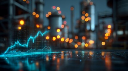 Glowing blue chart over blurred industrial background at night. Concept for financial forecast, energy market analysis and investment strategies