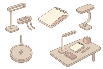 Desk Comfort Accessories. Isometric vector illustration set of desk comfort accessories: brightness slider lamp, organized cable