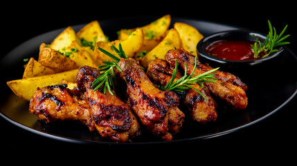Fototapeta premium A plate of grilled chicken wings with a side of potato wedges and a small bowl of sauce
