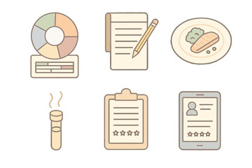 Restaurant Assessment Toolkit. Isometric vector illustration set of restaurant assessment toolkit: flavor profile chart, tasting