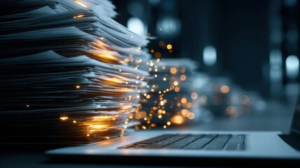 Document management system with stacks of digital files glowing in dark setting and highlighting organization of business resources