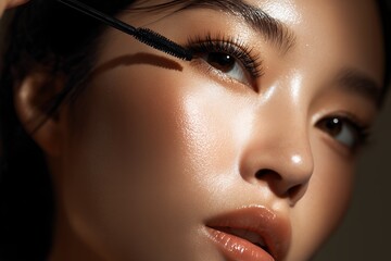 Close-up of a woman applying black mascara to her eyelashes with a brush. Concept for beauty advertising, makeup tutorials and cosmetic promotions