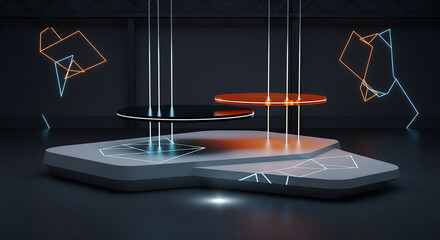Futuristic Stage Setup: Illuminated Platforms and Neon Accents for Tech Product Demonstrations