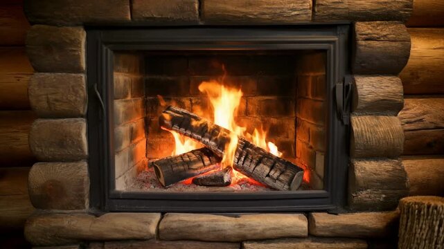 Close up, log cabin fireplace 