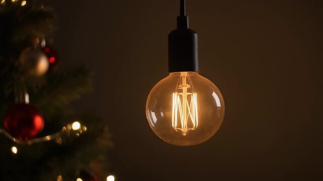 Close-Up of incandescent lamp hanging in a dark room during Christmas time.