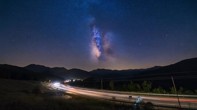 Day to night, Sunset to starry night in mountains Time lapse with milky way galaxy stars
