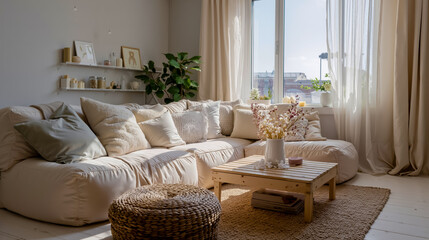 A modern living room with a white couch a wicker stool a wooden coffee table and a large window with curtains