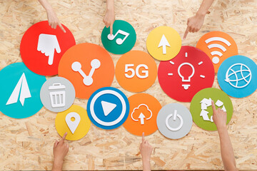 Digital Technology Icons Network Connection with Hands on Cork