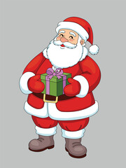 Santa stands with a gift in his hands. Isolated object. Vector illustration.