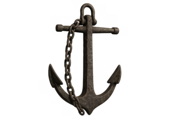 Rusty metal ship anchor with chain on transparent background symbolizing security, stability, travel, and nautical heritage