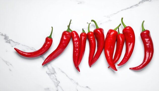 Row of vibrant red chili peppers arranged neatly across a clean white marble kitchen surface background - Powered by Adobe