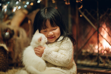 Cute little asian girl hugging her cat in Christmas. Little girl in a white knitted sweater. Holiday concept. Postcard. New Year