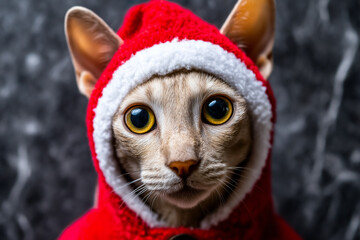 Funny Cat Dressed as Santa on grey Background. Perfect for Festive Advertising Concept