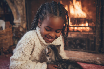 Cute little black girl hugging her cat in Christmas. Little girl in a white knitted sweater. Holiday concept. Postcard. New Year