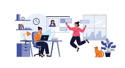 Dynamic office scene shows colleagues collaborating at a desk and presenting on glass boards while a teammate jumps with joy near a cat and plants by a window.