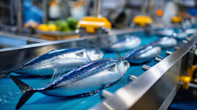 Fresh sea fish moving systematically along stainless steel conveyor belt in modern automated food processing plant, industrial seafood production machinery, efficient factory line,