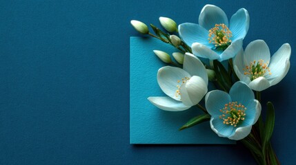 Creative layout featuring snowdrop flowers and a note on a blue background for spring and nature themes