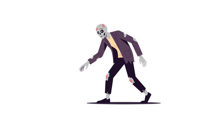 Fototapeta premium Zombie figure shuffles through a deserted scene wearing a torn purple jacket and ripped jeans under a pale glow in a stylized horror illustration.