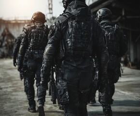 Obraz premium Heavily armed soldiers in tactical gear march through a gritty, sunlit industrial zone. Their synchronized stride and dark armor convey readiness, discipline, and looming conflict.