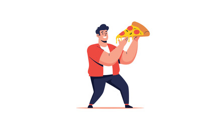 Confident cartoon man in casual clothes lifts a large slice of pizza with a joyful grin capturing a playful moment of delicious indulgence.