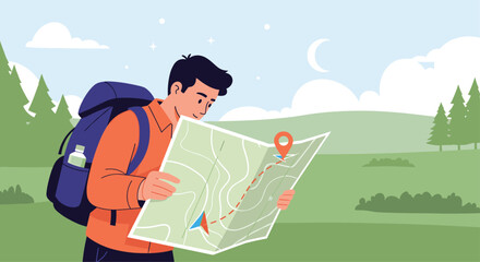 Hiker with a backpack studies a folded map while exploring a green hillside trail under a calm blue sky and plotting the route for the journey ahead.