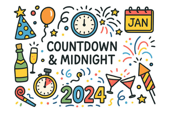 New year celebration flat icon set. featuring fireworks, champagne, calendar, clock, and party hat symbols