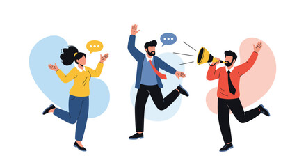 Three colleagues celebrate teamwork and success in a lively office scene with cheer a megaphone and speech bubbles showing motivation and collaboration.