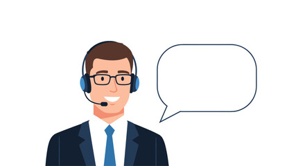 Friendly customer service agent wearing a headset and suit speaks to assist clients and provide helpful support over the phone and online.