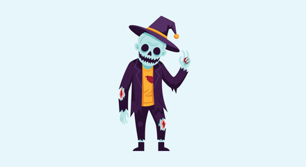 Spooky friendly skeleton dressed as a witch stands in a Halloween scene wearing a tattered coat and orange shirt with a curling smoke ring near its finger.