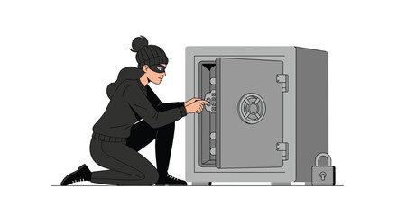 Nighttime burglar in black clothing kneels beside a large safe and uses a tool to crack the lock while wearing a beanie and mask.