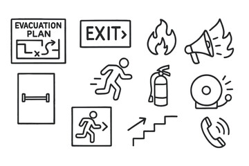 Emergency symbols linear icon set. featuring evacuation plan, exit, fire, alarm, extinguisher, megaphone, call, stairs
