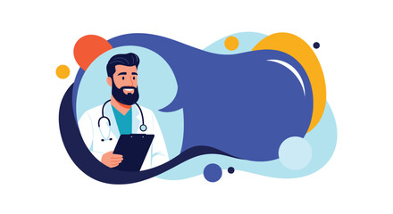 Friendly doctor with a clipboard stands amid abstract shapes and bright colors symbolizing health care and compassionate medical service for patients everywhere.